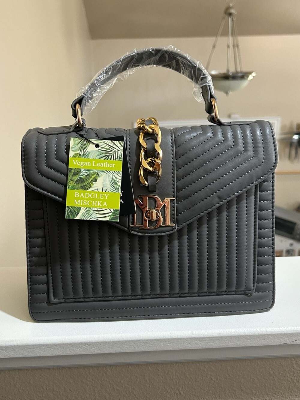 Badgley Mischka Gray Quilted Vegan Leather Top Handle or crossbody Satchel Bag